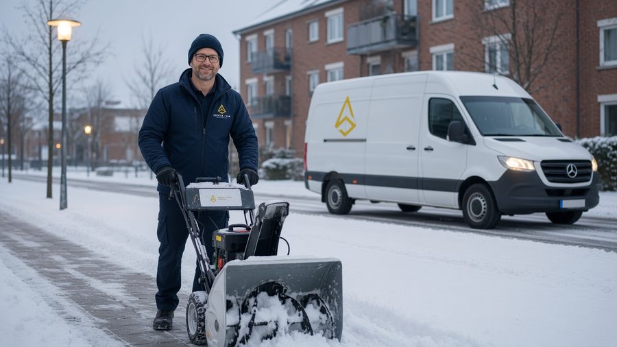 Schneefräse von Service Sam räumt den Gehweg vor einem Mehrfamilienhaus