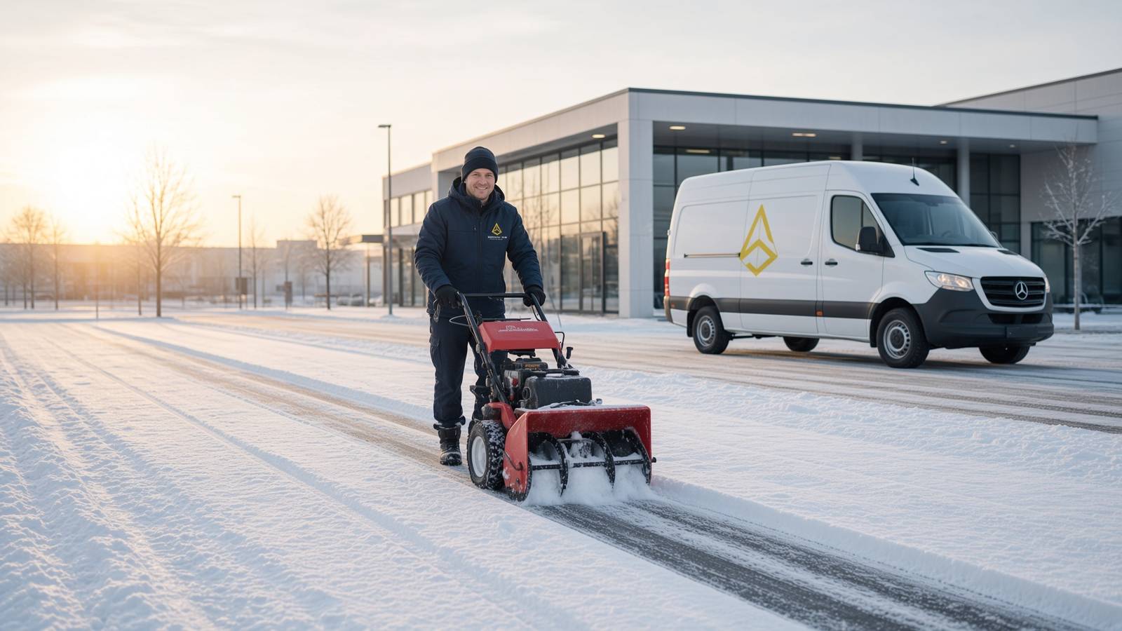 Service Sam räumt mit eigener Schneefräse einen Parkplatz in Kiel