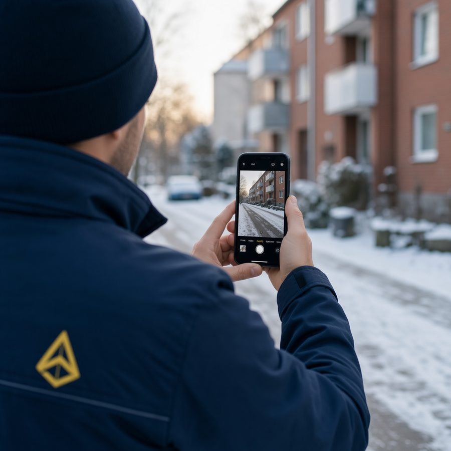 Mitarbeiter dokumentiert den geräumten Gehweg mit einem Foto