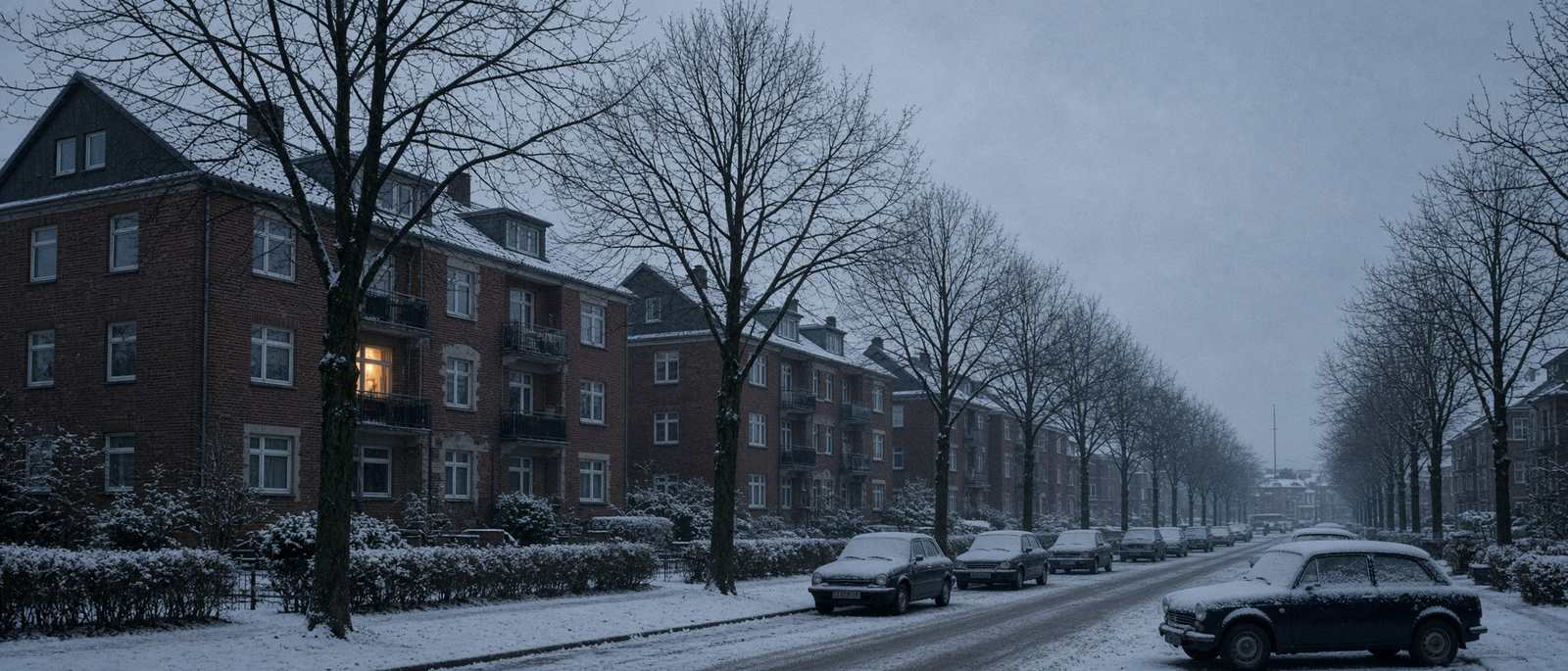 Verschneite Wohnstraße in Kiel am frühen Morgen