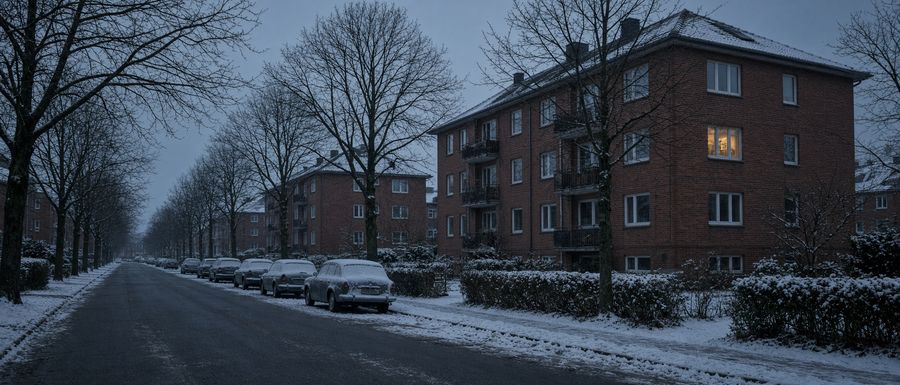 Frisch geräumte Wohnstraße vor Mehrfamilienhäusern in Kiel