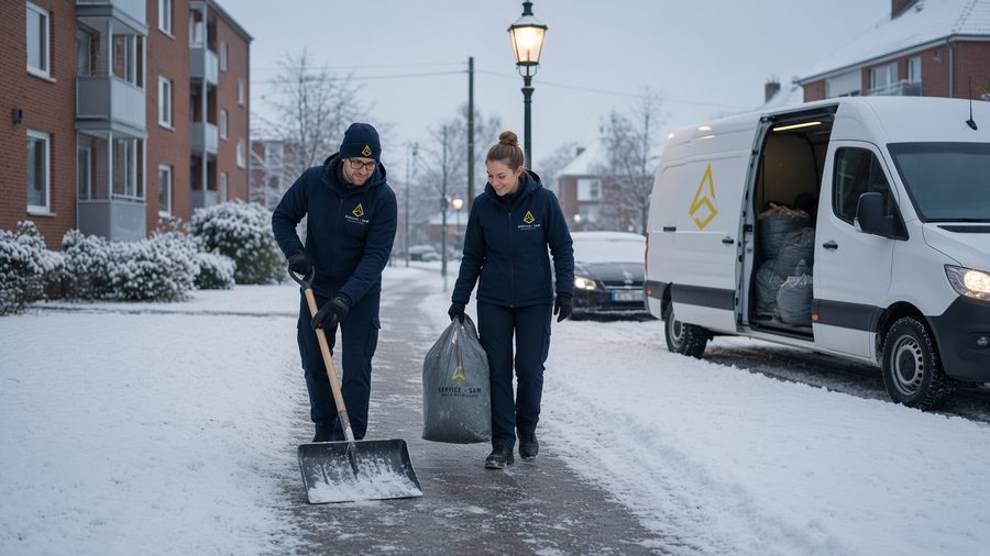 Das Winterdienst-Team von Service Sam belädt das Einsatzfahrzeug mit Streugut