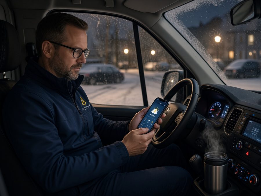 Service-Sam-Fahrer prüft frühmorgens die Wetterlage im Einsatzfahrzeug